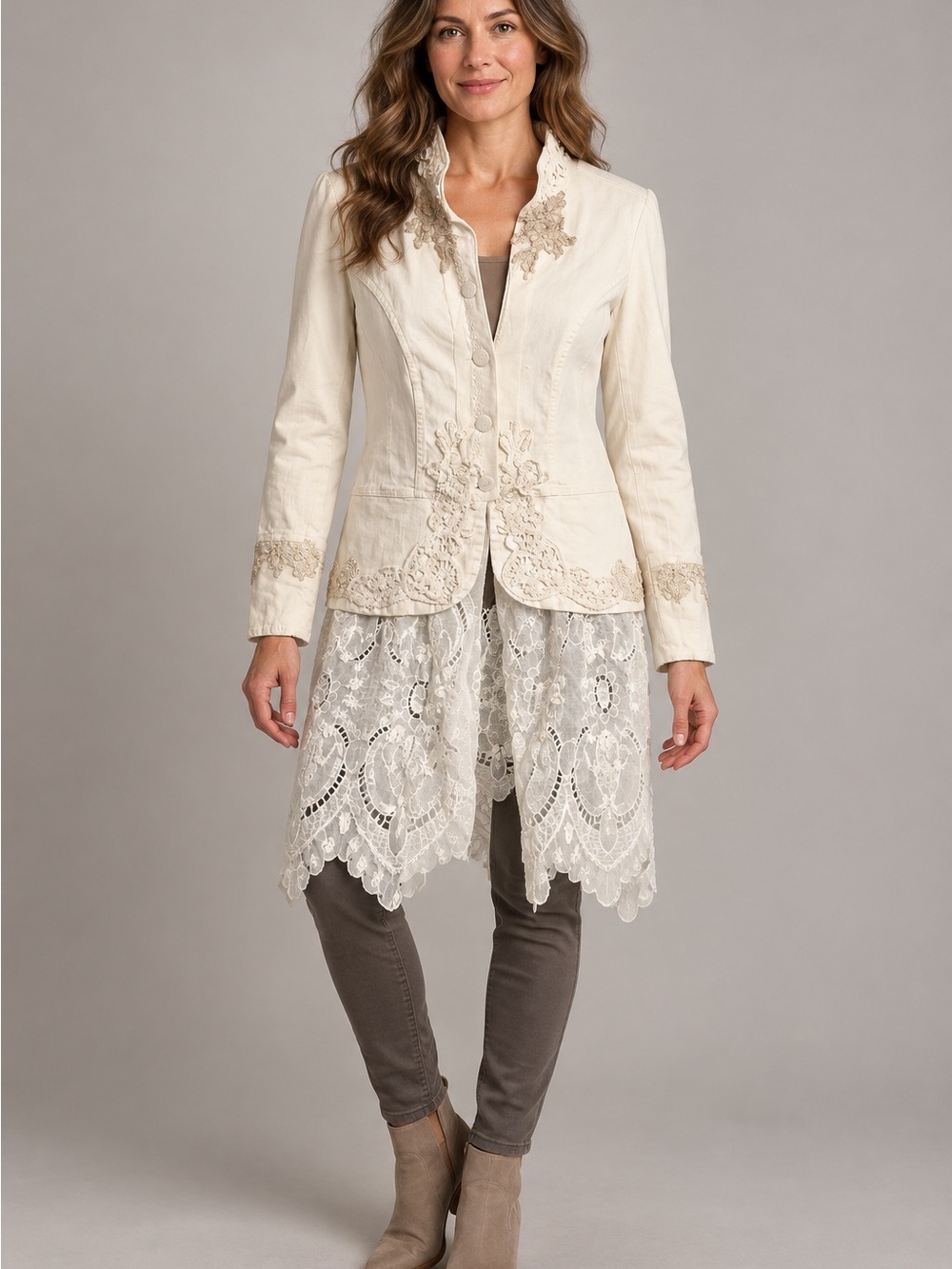 Old is New Ivory Lace Lagenlook Lace Boho Doily Embroidered Lace-Trim Jacket